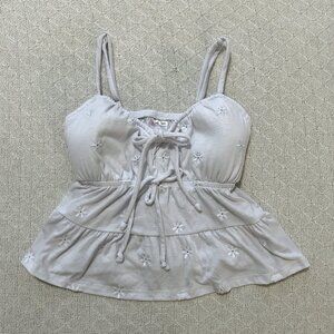✨ White Babydoll Tank Top with Floral Embroidery – Size S ✨